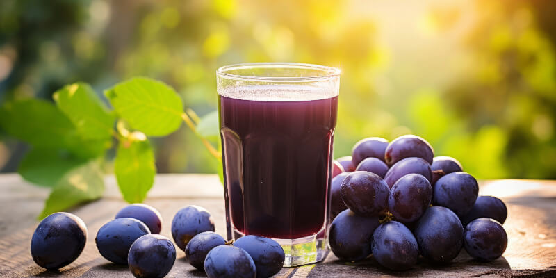 glass of prune juice next to some grapes